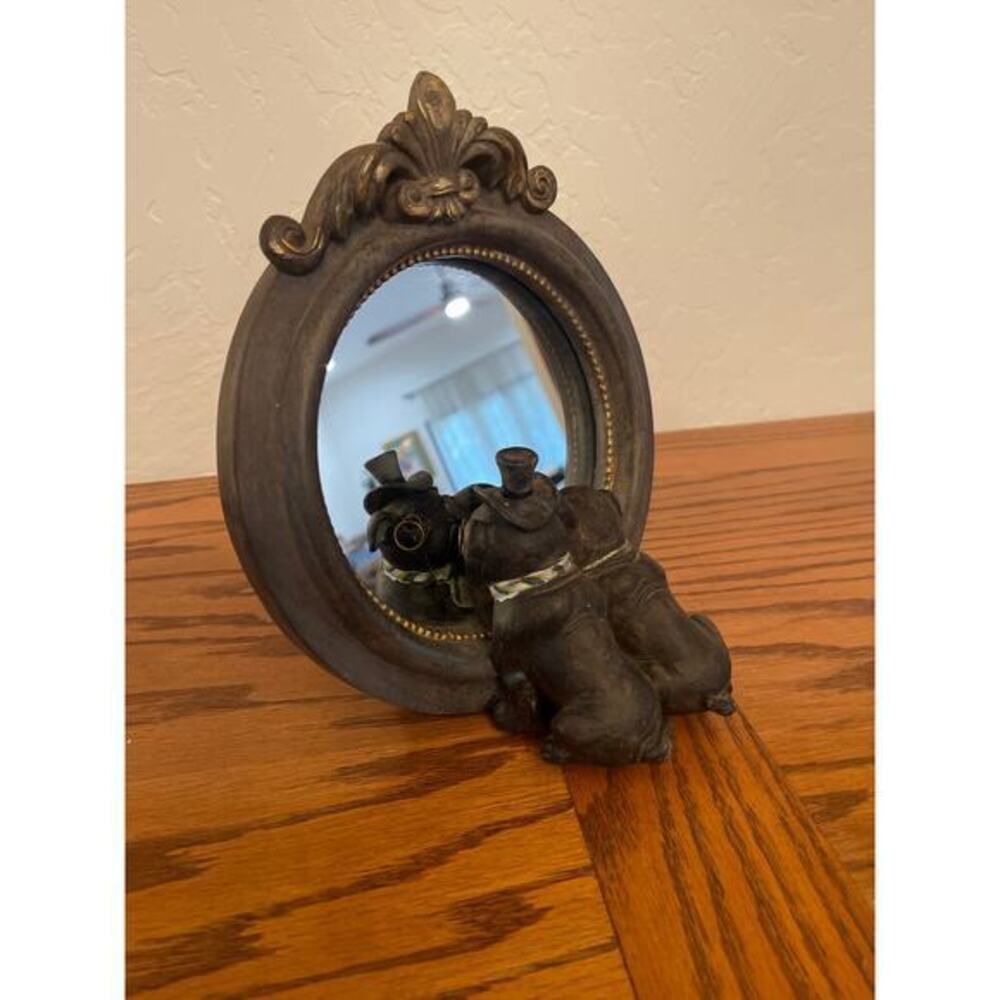 Vintage Victorian Style table top mirror whimsical bulldogs moniker tophat